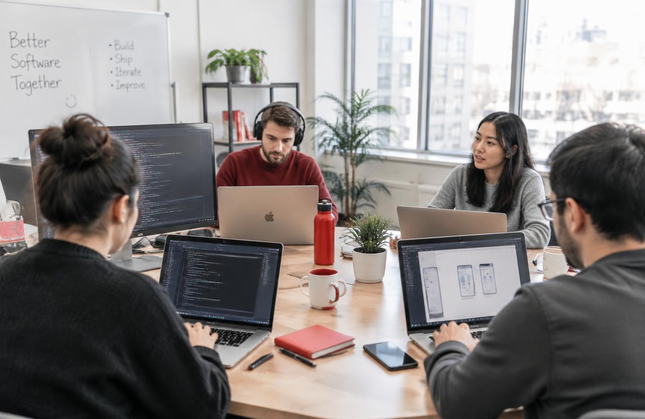 A software team collaborating on code and product design